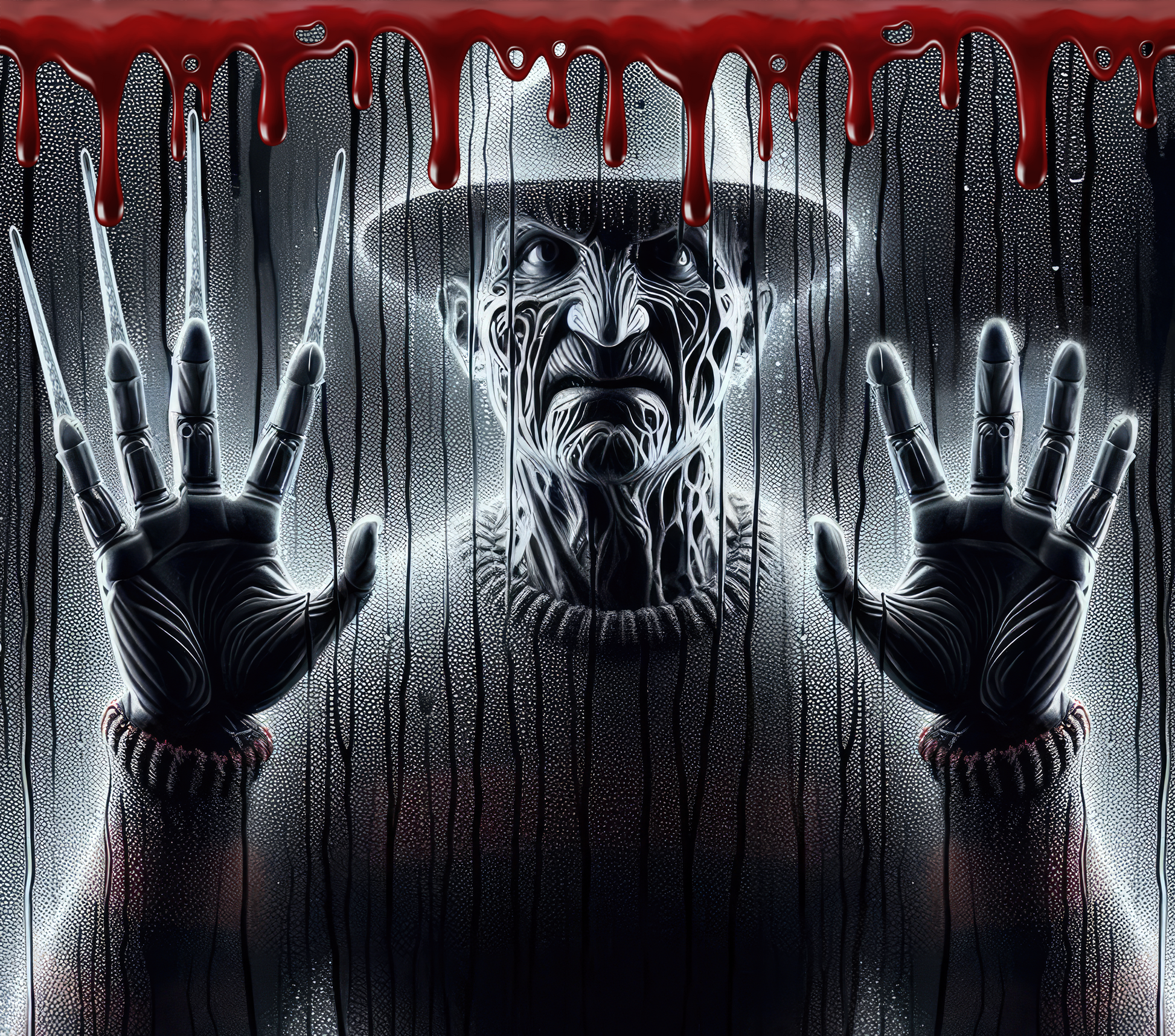 Our horror series sees a new addition.... Freddy Krueger staring at you through a window in the rain....blood dripping down from the top... 