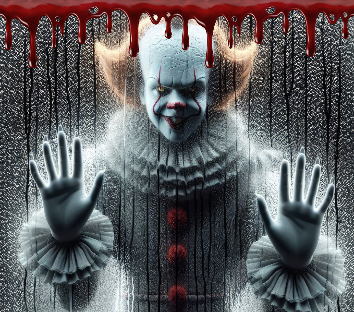 Our horror series sees a new addition.... Pennywise staring at you through a window in the rain....blood dripping down from the top... 