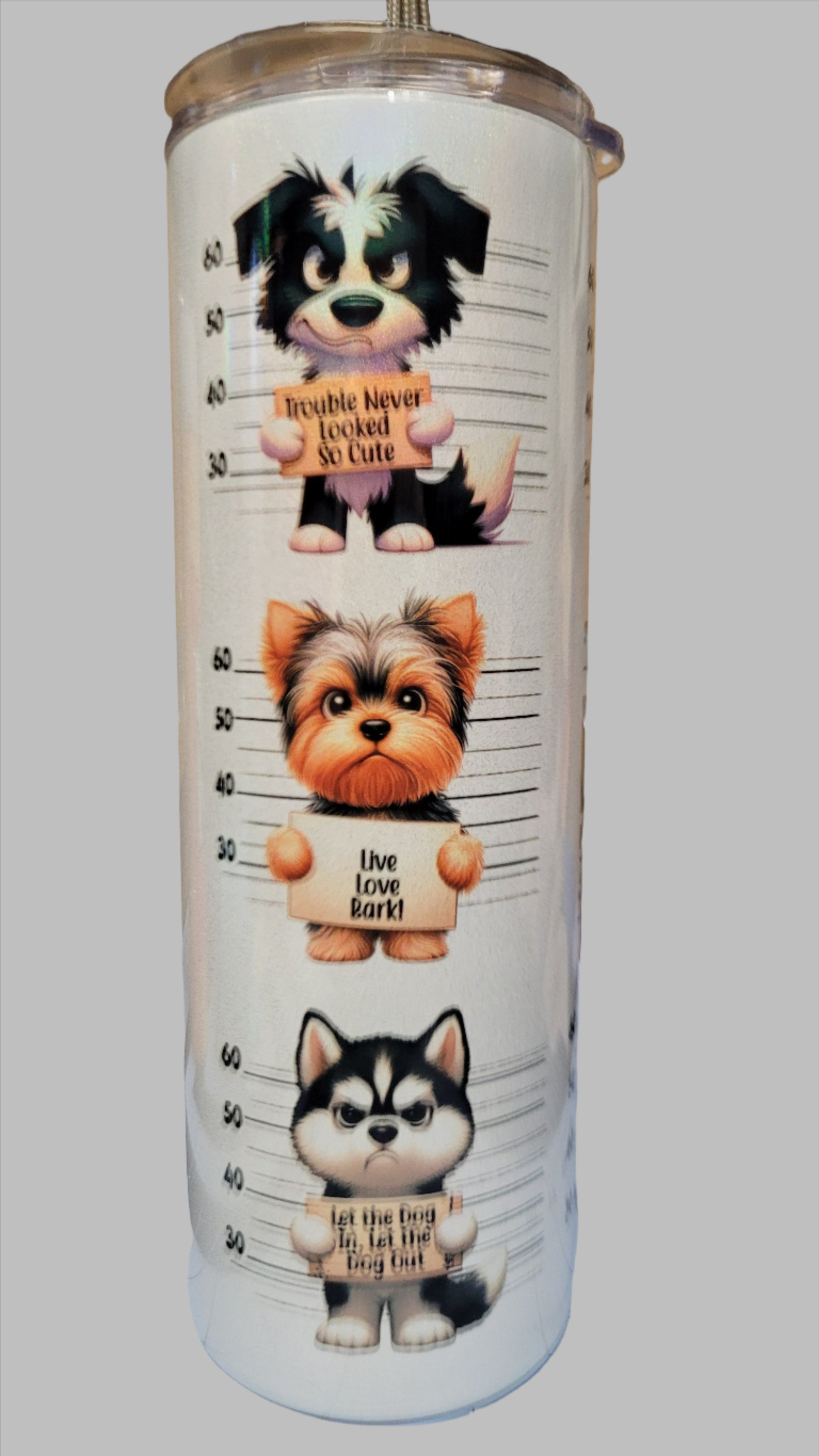 Handle Every Stressful Situation Like A Dog! This tumbler really pops on our holographic 20 oz tumbler. Enjoy your favorite hot or cold beverage on the go and show off your style as you keep your drinks at the perfect temperature.