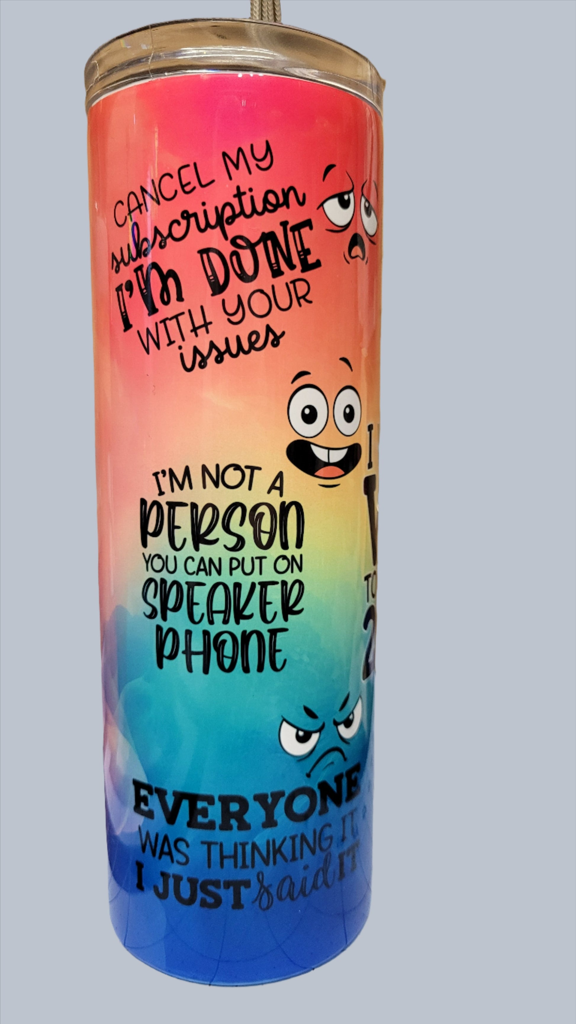 A bit sarcastic? Whisper WTF to yourself like 20 times a day? This hombre colored tumbler with multiple sarcastic phrases will relay your mood. Enjoy your favorite hot or cold beverage on the go and show off your style as you keep your drinks at the perfect temperature.