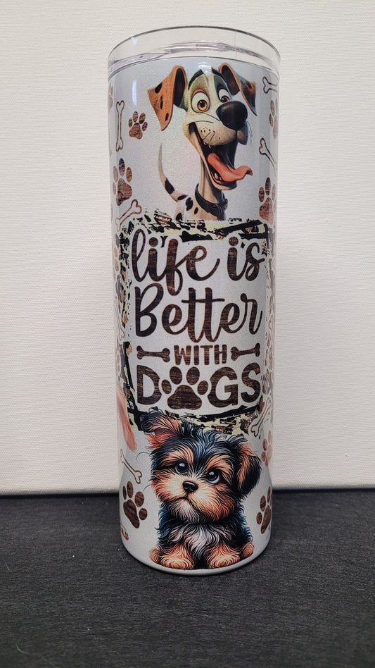 Life Is Better With Dogs. It just is. This comical and cute dog theme really pops on our holographic 20 oz tumbler. Enjoy your favorite hot or cold beverage on the go and show off your style as you keep your drinks at the perfect temperature.