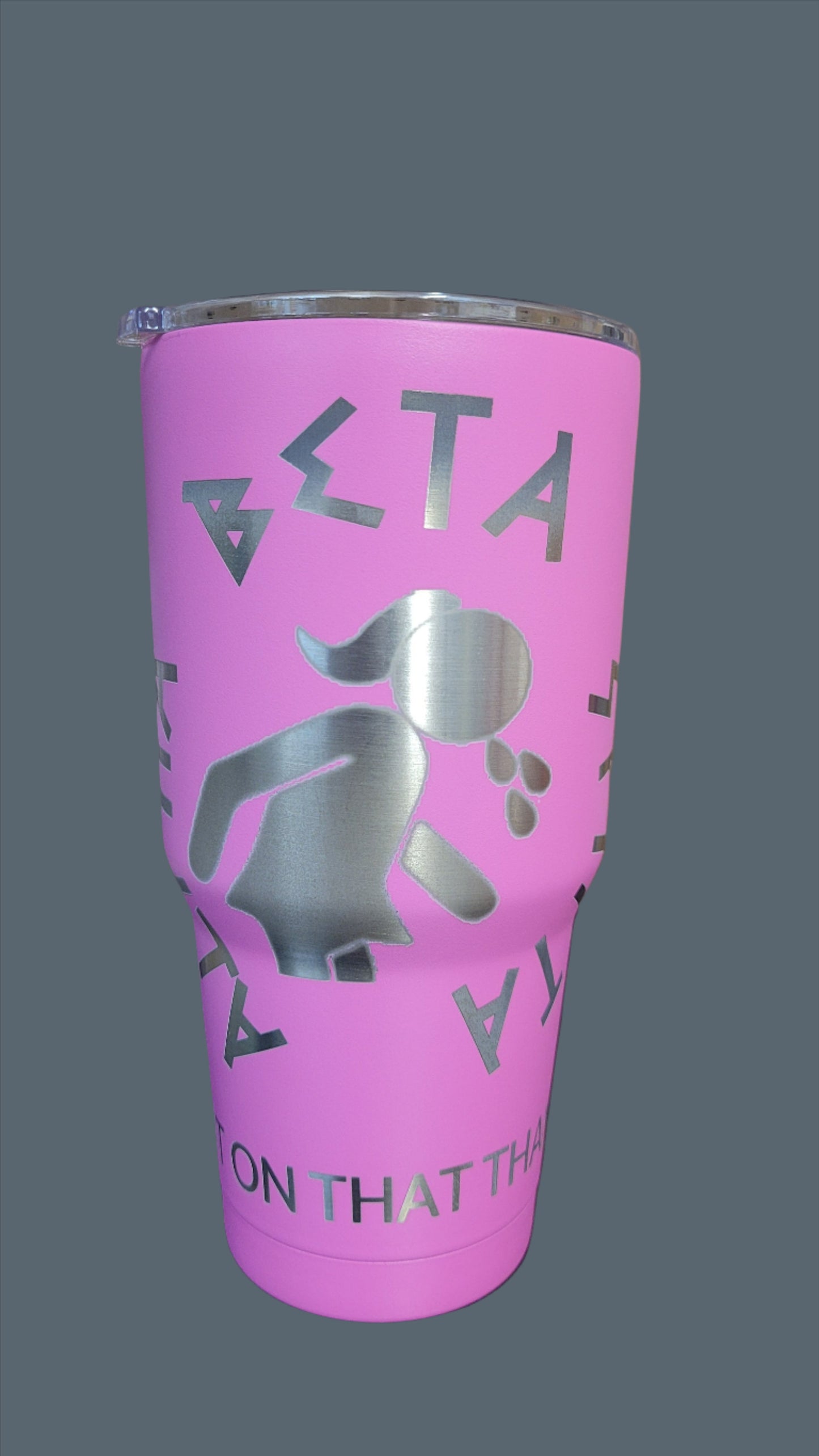 Property of Hawk Tuah University pink laser engraved tumbler. This is a full engraved tumbler featuring the Property Of Hawk Tuah University as well as Alpha Beta Spitta sorority on the other side. This Makerflo 30 Oz Stainless Steel Powder Coated Tumbler is precision laser engraved and will keep your cold drinks cold or hot ones hot for long periods of time.