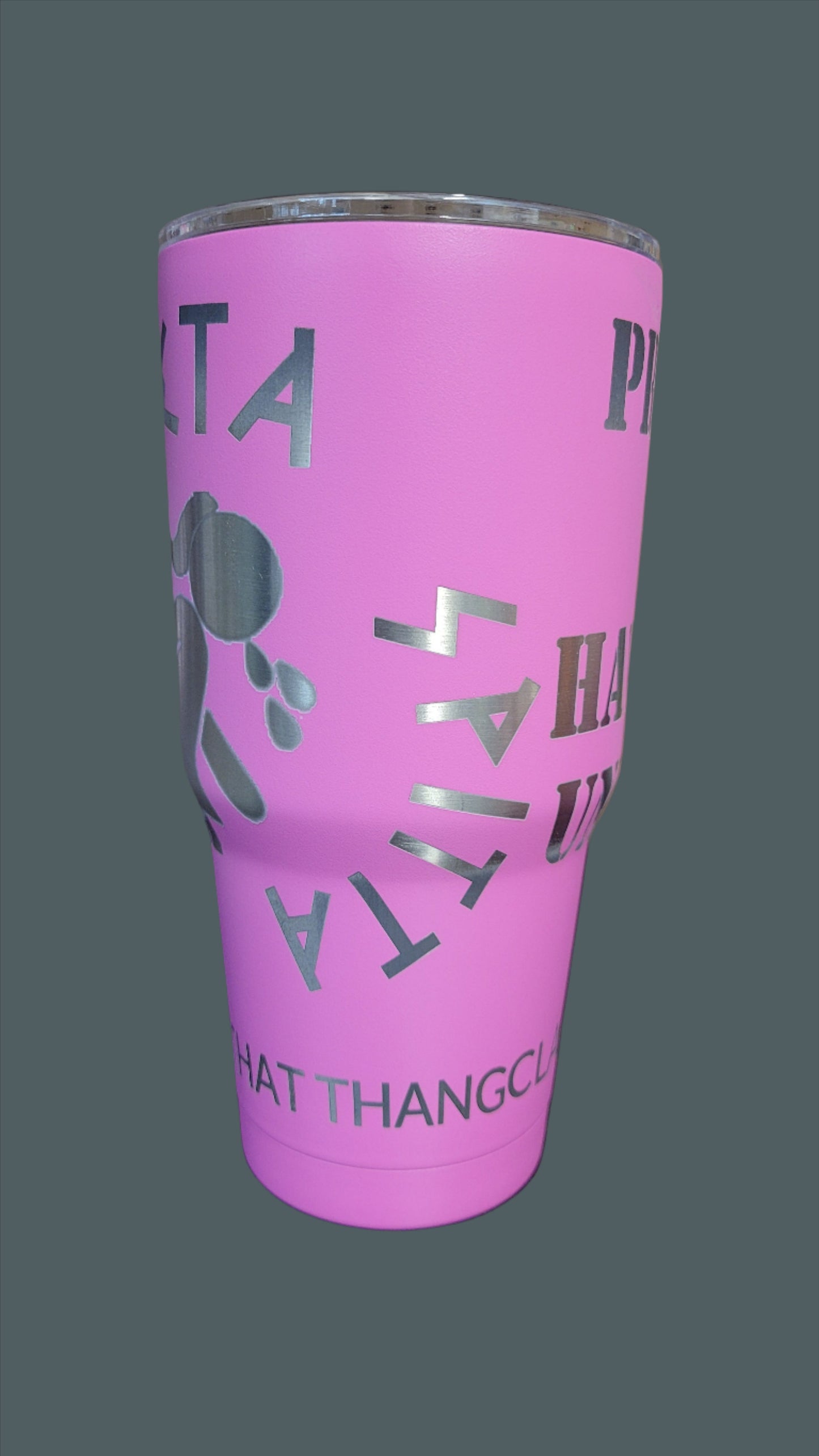 Property of Hawk Tuah University pink laser engraved tumbler. This is a full engraved tumbler featuring the Property Of Hawk Tuah University as well as Alpha Beta Spitta sorority on the other side. This Makerflo 30 Oz Stainless Steel Powder Coated Tumbler is precision laser engraved and will keep your cold drinks cold or hot ones hot for long periods of time.