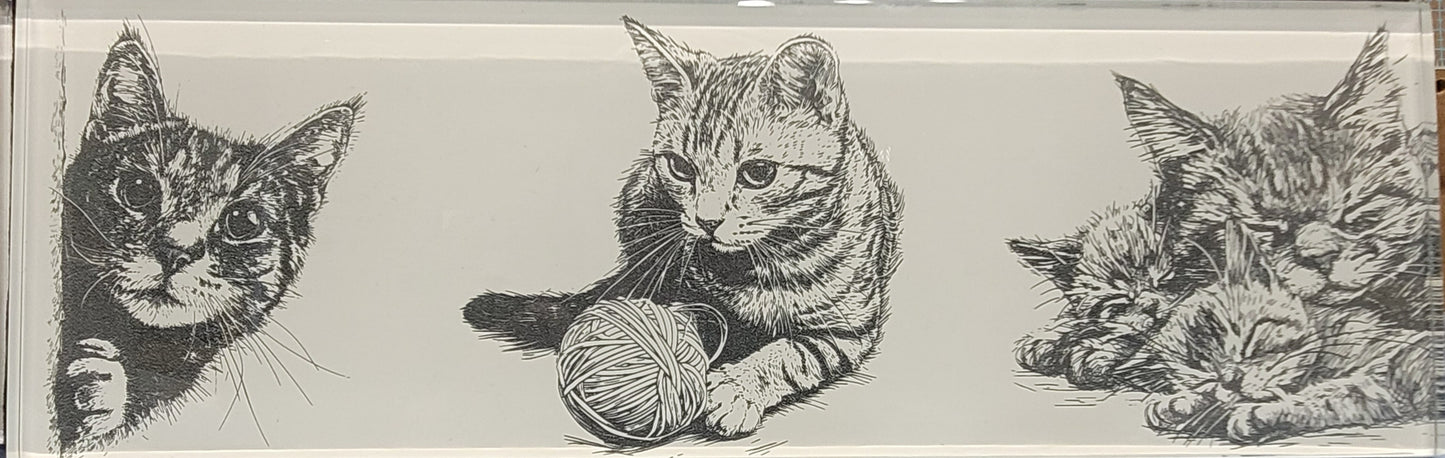 This basic glass wall tile as been transformed into a beautiful laser engraved cat collage image. The fine detail from the laser really shines through on the white background. Measuring 4" tall x 12" wide and 1/4" thick, this tile is a strong sturdy piece. Black felt backing allows you to display flat on a table or use the white washed wooden easel that comes with it. You could even use in a remodel and put in a tiled wall if you so choose or display it for yourself or a gift for family or friend