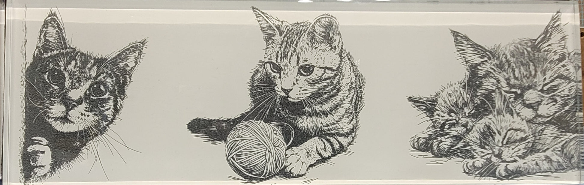 This basic glass wall tile as been transformed into a beautiful laser engraved cat collage image. The fine detail from the laser really shines through on the white background. Measuring 4" tall x 12" wide and 1/4" thick, this tile is a strong sturdy piece. Black felt backing allows you to display flat on a table or use the white washed wooden easel that comes with it. You could even use in a remodel and put in a tiled wall if you so choose or display it for yourself or a gift for family or friend