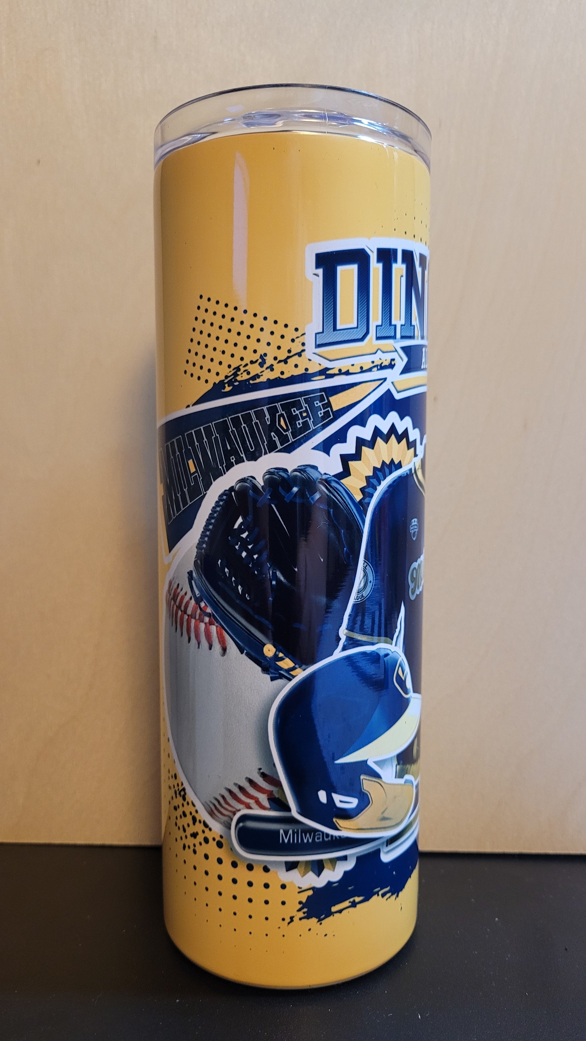 Baseball... America's Past Time. We present our new Sports Series to you with this Dingers All Day Brewers tumbler. Brewers colors with various images of your favorite team.