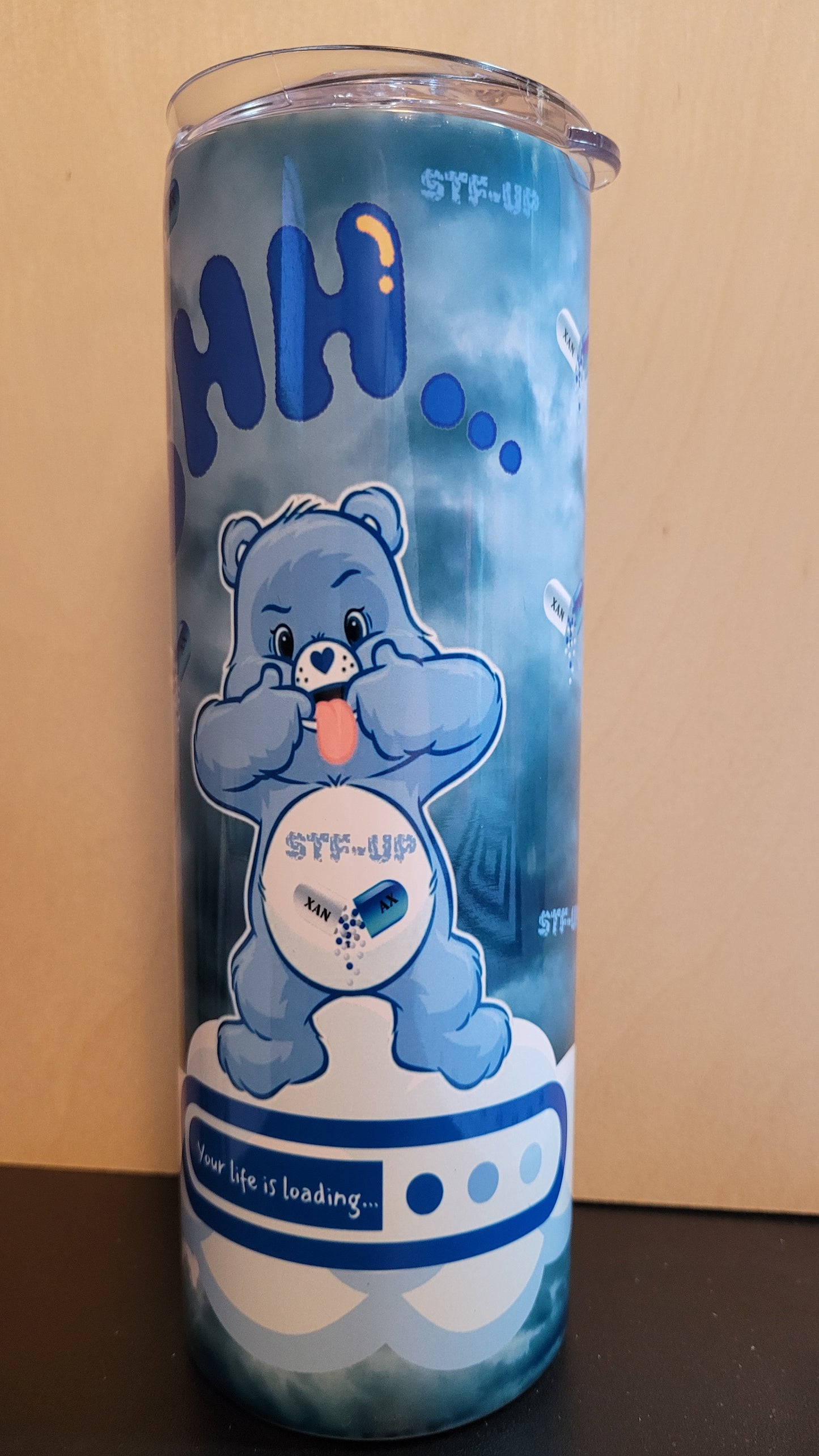 They are here! For adults only. The Swear Bears! Here we have Blue Swear Bear with the phrase STF-UP on his belly and Xanax pills floating about.