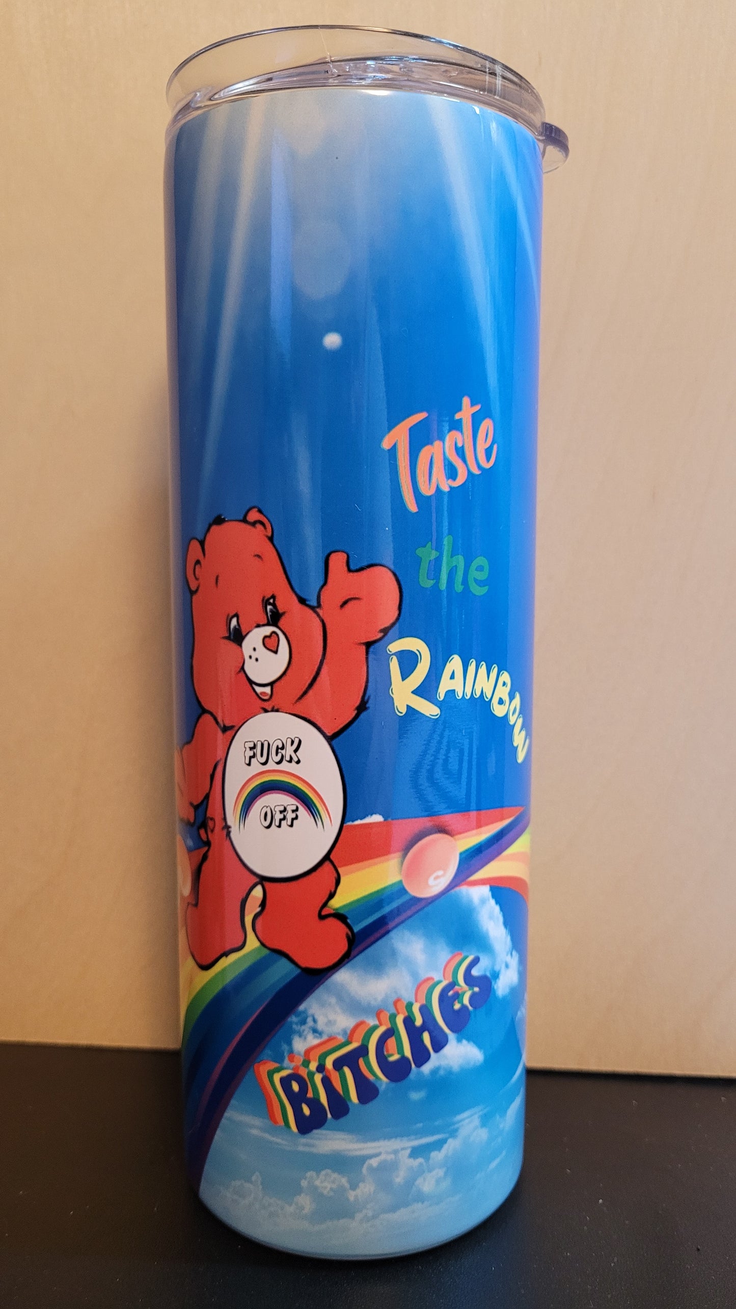 They are here! For adults only. The Swear Bears! Here we have Red Swear Bear standing on a Rainbow with Skittles saying Taste The Rainbow Bitches.