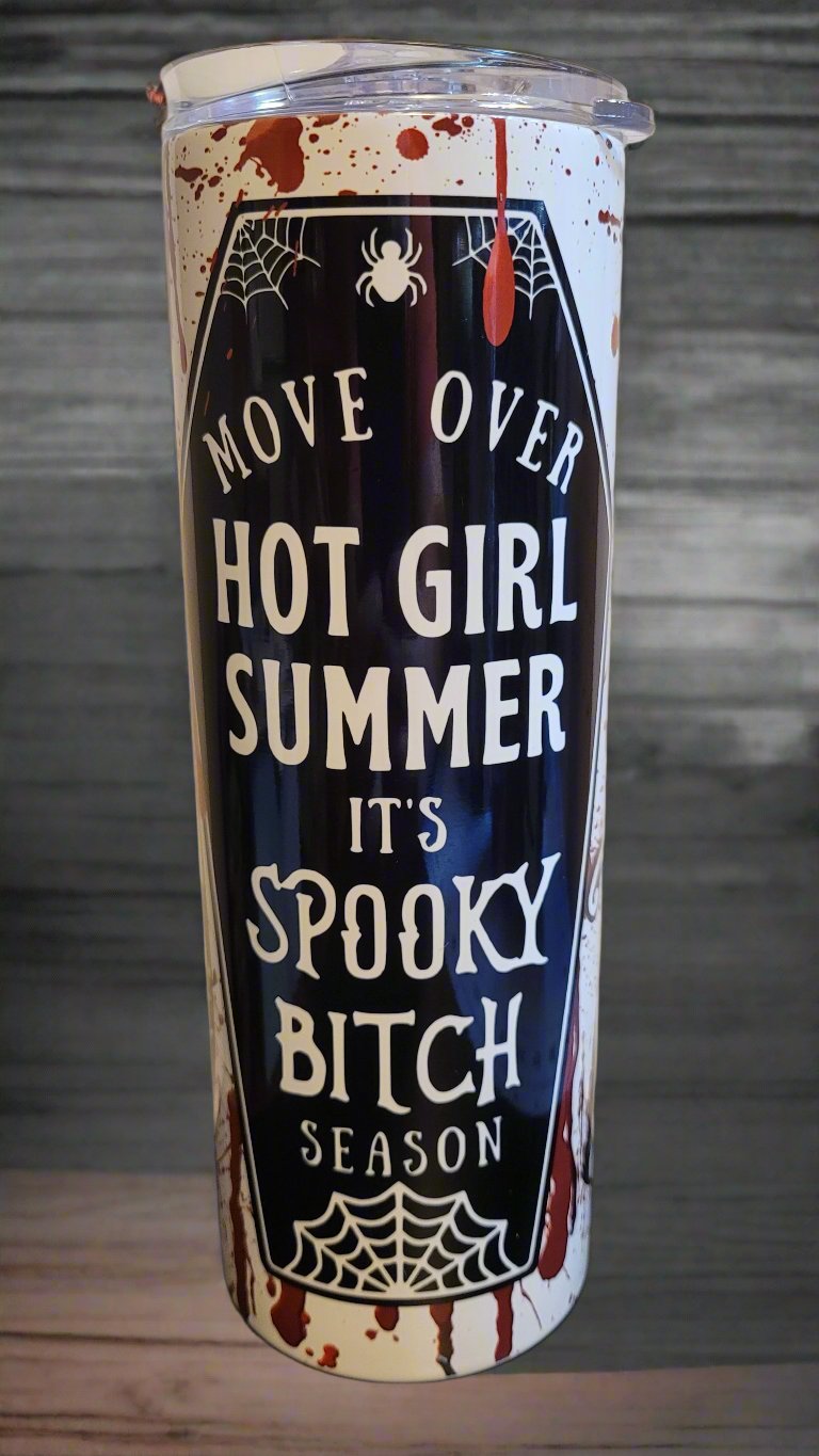 Move over Hot Girl Summer... It's Spooky Bitch Season. With the 4 famous horror boys mirrored on the blades of knives, it will make you want to fill this tumbler up with your favorite beverage, get some popcorn and fire watch your favorite horror flick. This Makerflo 20 oz tumbler is made of high-quality stainless steel construction and sweat-resistant design ensures your favorite drinks stay cool for longer.