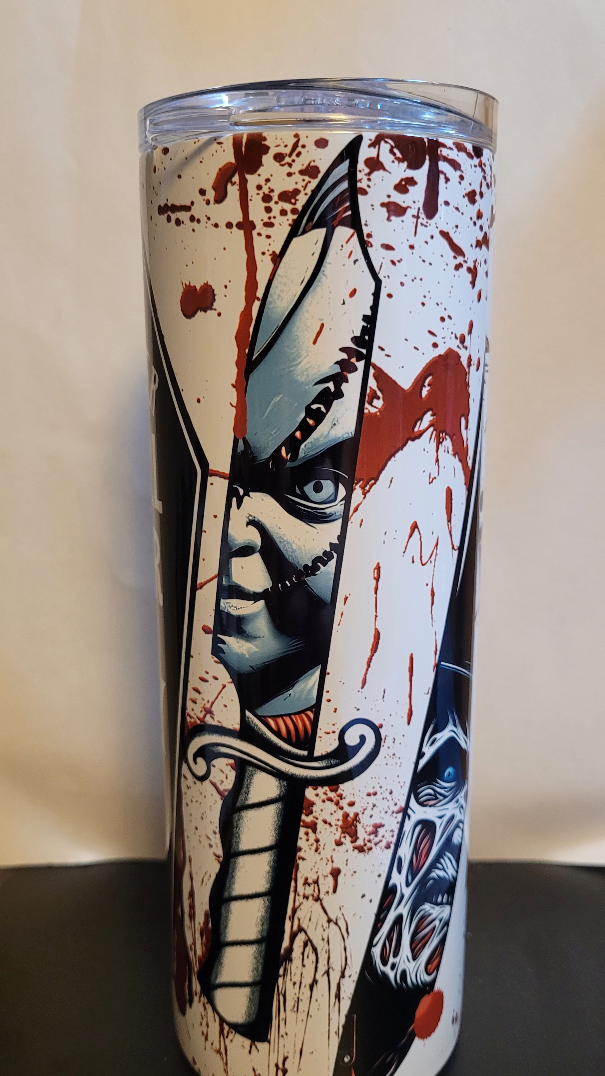 Move over Hot Girl Summer... It's Spooky Bitch Season. With the 4 famous horror boys mirrored on the blades of knives, it will make you want to fill this tumbler up with your favorite beverage, get some popcorn and fire watch your favorite horror flick. This Makerflo 20 oz tumbler is made of high-quality stainless steel construction and sweat-resistant design ensures your favorite drinks stay cool for longer.