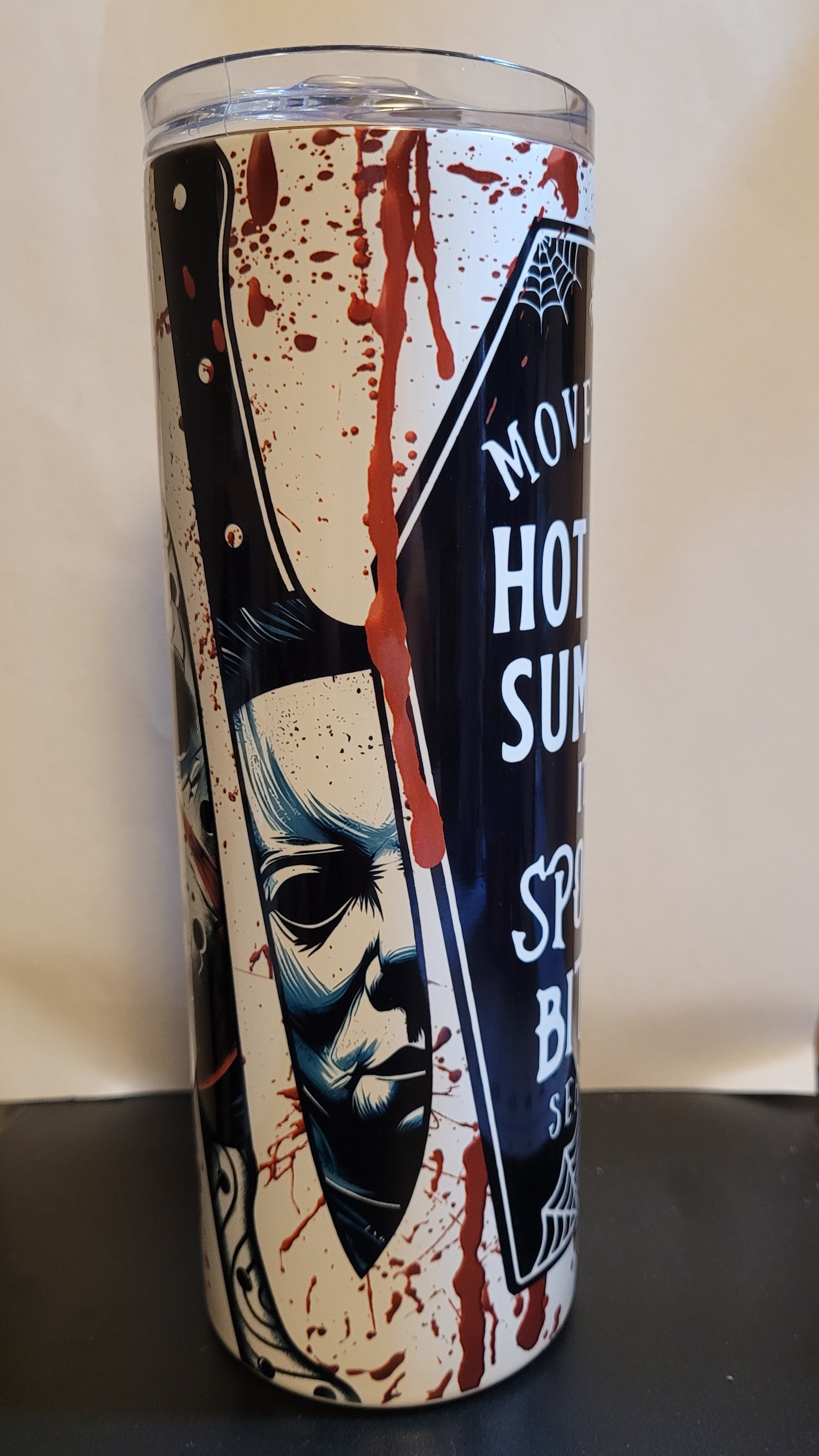 Move over Hot Girl Summer... It's Spooky Bitch Season. With the 4 famous horror boys mirrored on the blades of knives, it will make you want to fill this tumbler up with your favorite beverage, get some popcorn and fire watch your favorite horror flick. This Makerflo 20 oz tumbler is made of high-quality stainless steel construction and sweat-resistant design ensures your favorite drinks stay cool for longer.