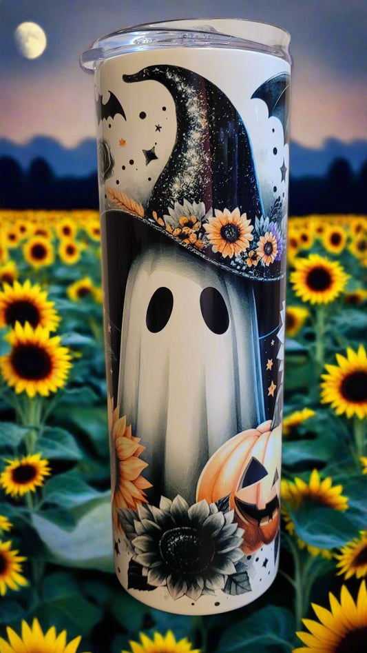 Not all ghosts are scary. Take this adorable Sunflower Ghost wearing a witch hat with a bat overhead and a carved pumpkin in the foreground. This is a stainless tumbler that mirrors our glass can tumbler version. &nbsp; This 20 oz Tumbler from Makerflo is double walled from stainless with great insulating properties.