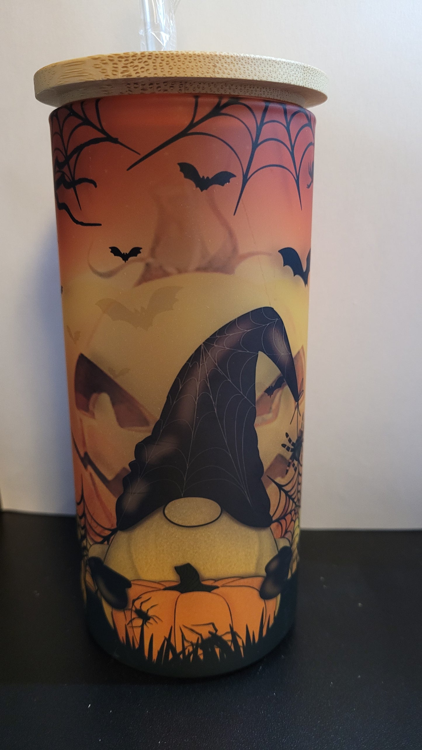 Tumbler 20 oz Sublimated Pumpkin Gnomes Tumbler with bamboo lid