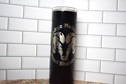 This Makerflo 20 Oz Stainless Steel Powder Coated Tumbler is precision laser engraved with That Classic image of a ram and the phrase " Dodge Makes It hemi Shakes It". Great for the classic car buff. Various colors available. Includes a silicone matching colored straw. Excellent insulating properties to keep your cold drinks cold or your hot ones hot.