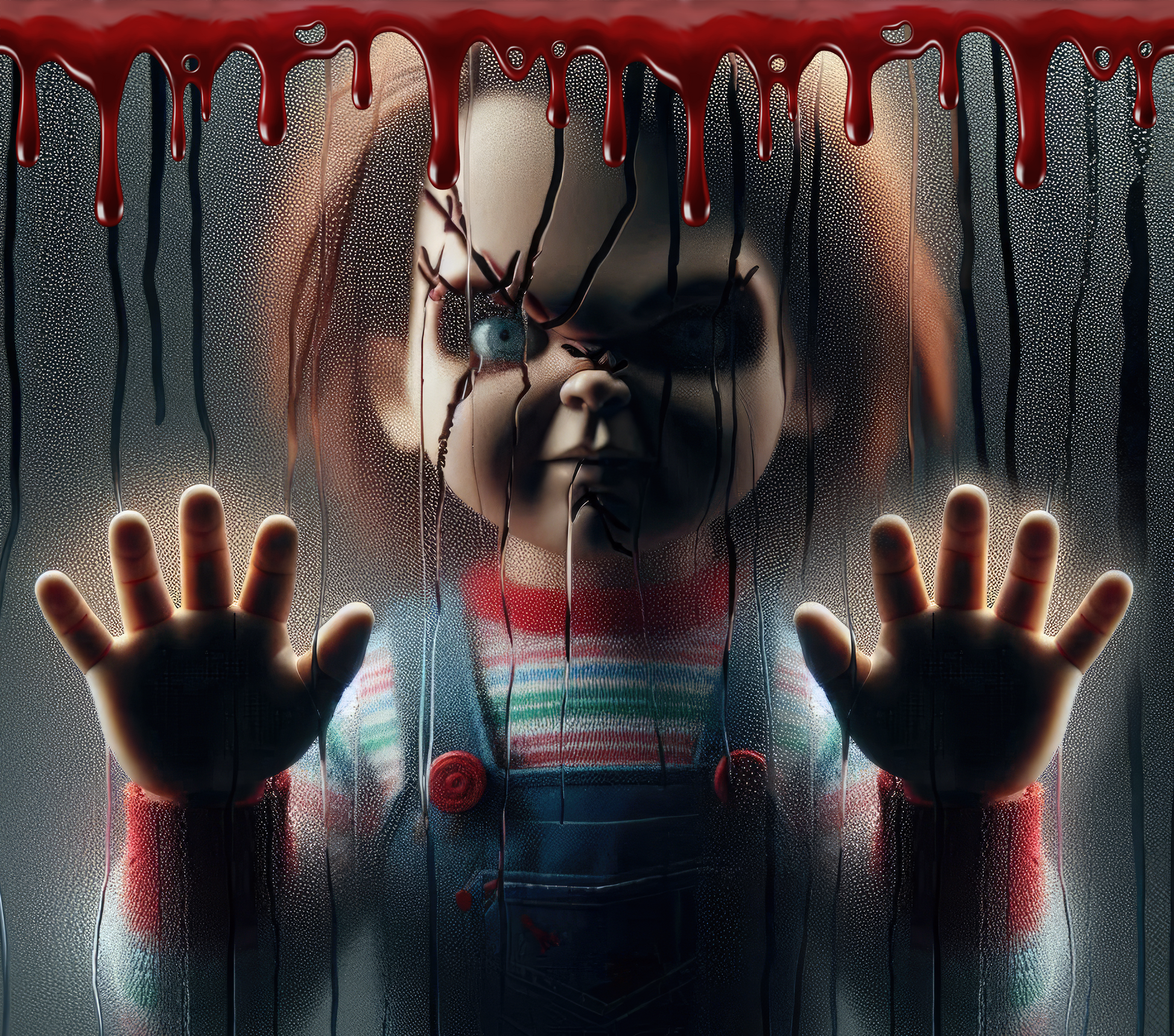 Our horror series sees a new addition.... Chucky staring at you through a window in the rain....blood dripping down from the top...