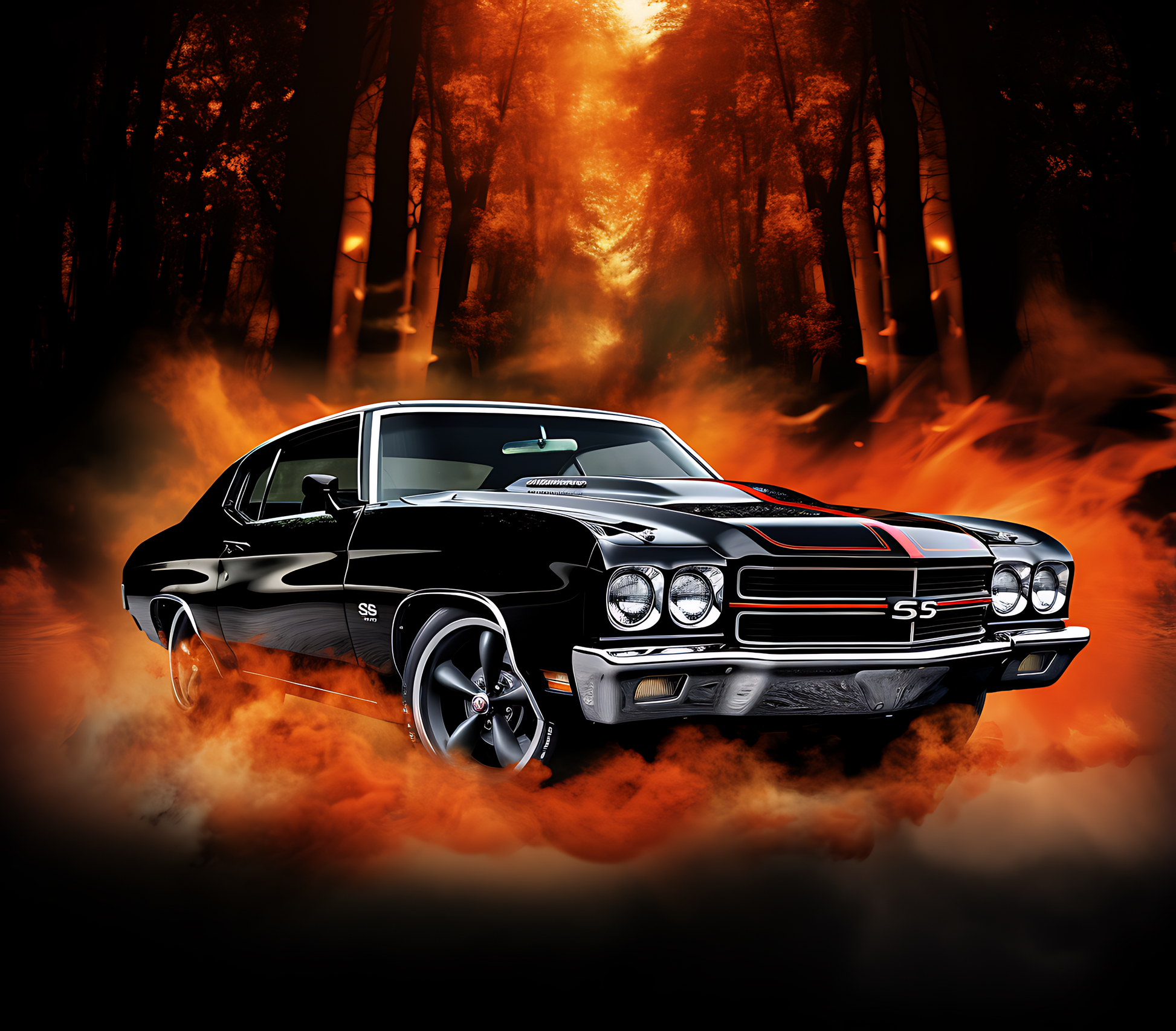 Muscle cars ruled the roads and this tumbler pays homage to the Chevelle SS in classic black with flames under the chassis and a woodlands background.