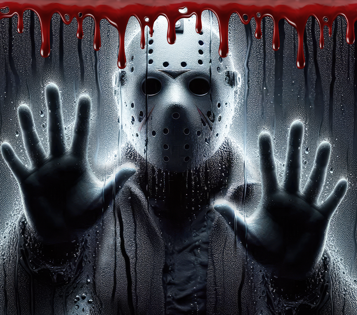 Our horror series sees a new addition.... Jason Voorhees from staring at you through a window in the rain....blood dripping down from the top...