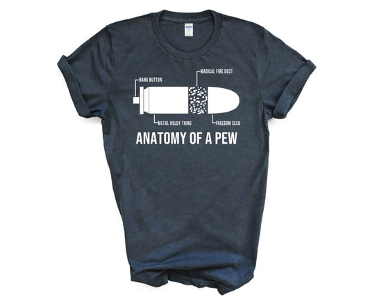 The design of this T-Shirt provides an illustrated representation of the anatomy of a Pew, from the Bang Button to the Magical Fire Dust. It is printed on a 5.3 oz. pre-shrunk 100% cotton fabric.