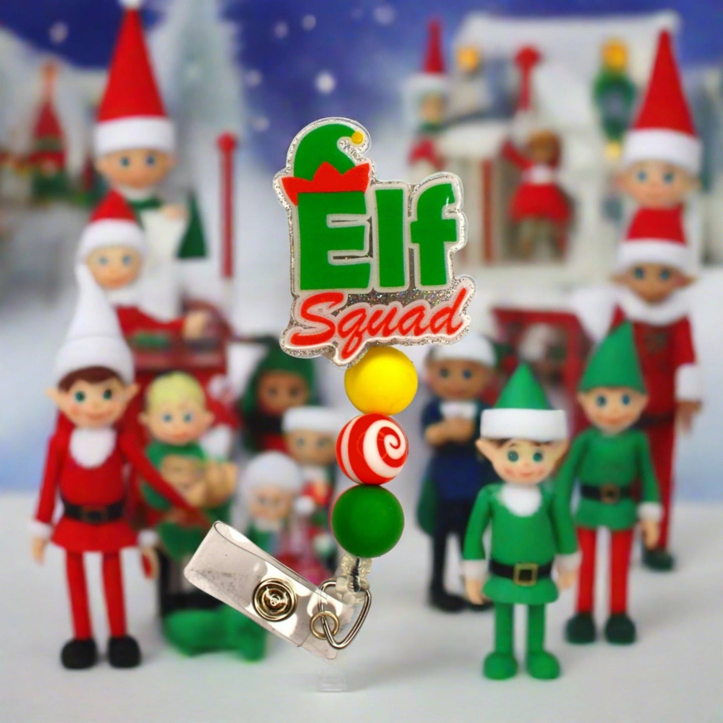 Have no fear the Elf Squad is here! Working hard to ensure everybody has a Merry Christmas.  A peppermint swirl focal bead and 2 color coordinating silicone beads finish the look.