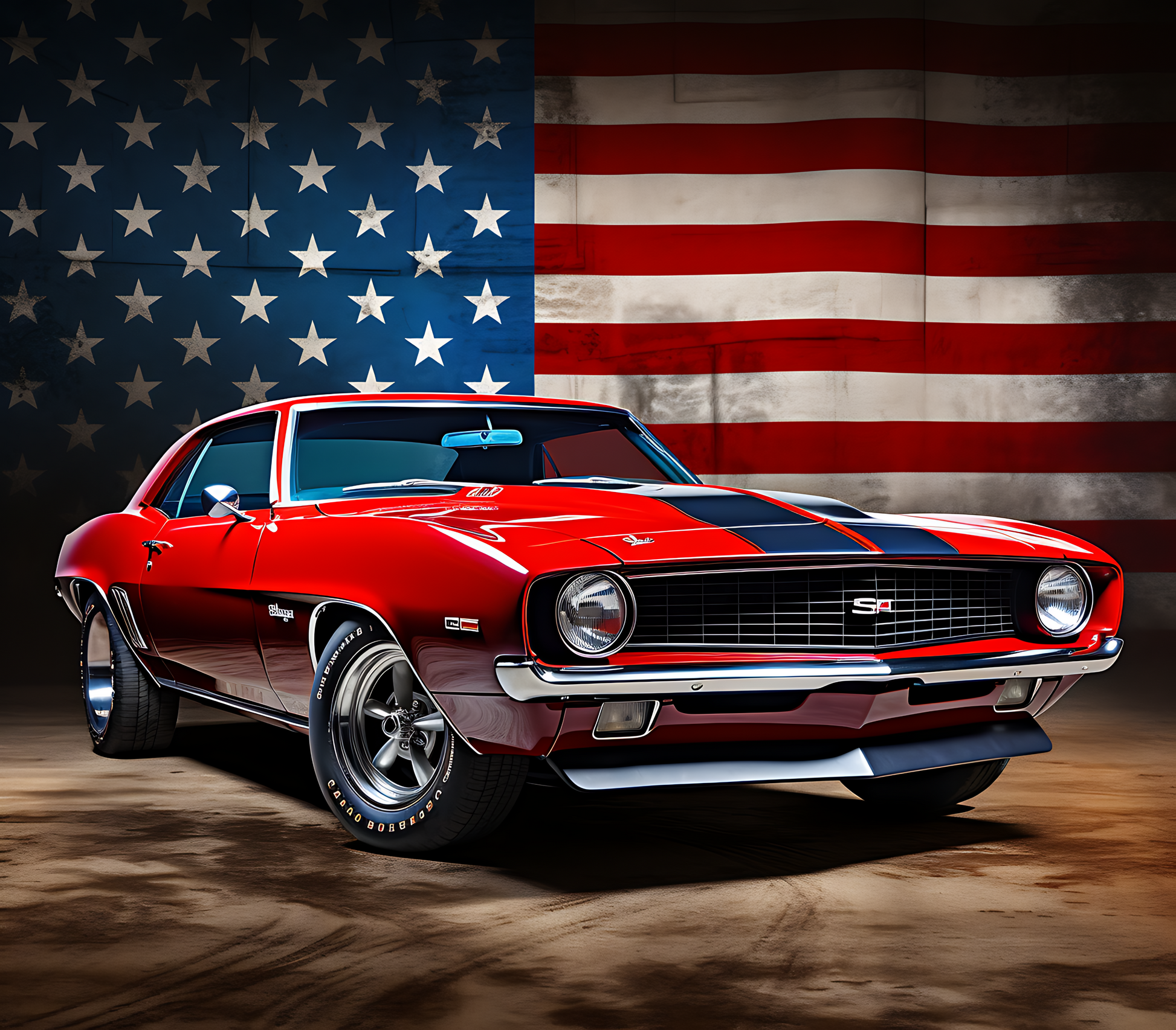 Muscle cars ruled the roads and this tumbler pays homage to the Chevy Camaro in classic red and the 2 black stripes down the hood with the American Flag in the background.