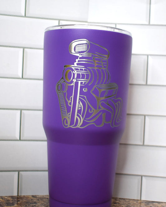 This Makerflo 30 Oz Stainless Steel Powder Coated Tumbler is precision laser engraved with a super blown big block V8 engine image. Various colors available. Includes a silicone matching colored straw. Excellent insulating properties to keep your cold drinks cold or your hot ones hot.