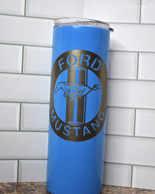This Makerflo 20 Oz Stainless Steel Powder Coated Tumbler is precision laser engraved with a classic version of the Ford Mustang. Great for the classic car buff.