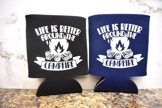 Foam Can Koozie To Keep Those Cold Beers, or Other Beverages, Cold. Life Is Better Around The Campfire Screen Printed. Available in Blue or Black.