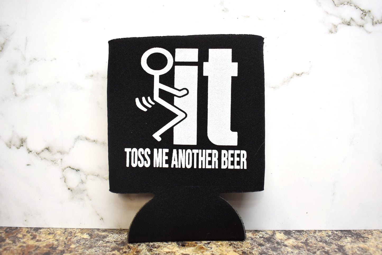 Foam Can Koozie To Keep Those Cold Beers, or Other Beverages, Cold. Classic Fuck It Icon With The Words Toss Me Another Beer Screen Printed. Available in Blue or Black.