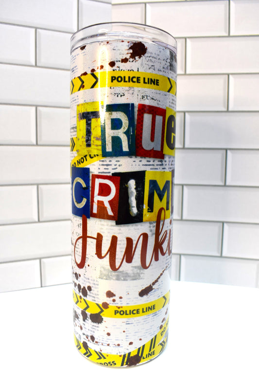 The 20 oz Makerflo Stainless Steel Tumbler with True Crime Junkie offers superior insulation with a double-wall vacuum to keep liquids cold for over 24 hours and warm for 8.