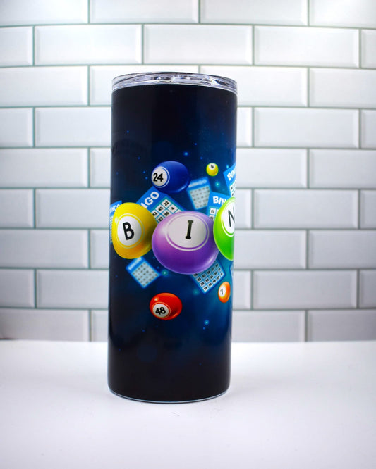 Boasting a 20 oz capacity and made from stainless steel and vacuumed insulated material, this tumbler features the classic BINGO! image along with the iconic numbered ping pong balls. 