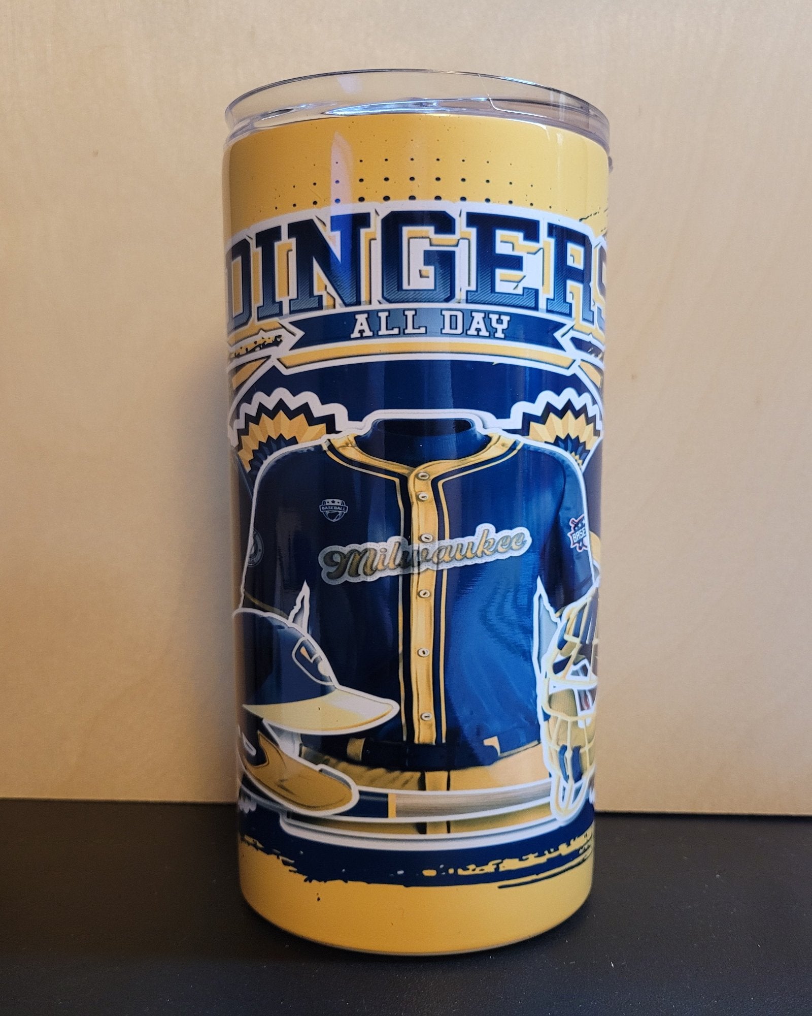 Baseball... America's Past Time. We present our new Sports Series to you with this Dingers All Day Brewers tumbler. Brewers colors with various images of your favorite team.