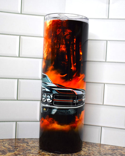 Muscle cars ruled the roads and this tumbler pays homage to the Chevelle SS in classic black with flames under the chassis and a woodlands background.