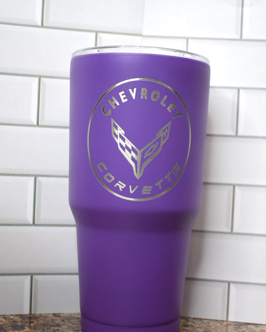 This Makerflo 30 Oz Stainless Steel Poder Coated Tumbler is precision laser engraved  with a the classic Chevrolet Corvette image. Various colors available. Includes a silicone matching colored straw. Excellent insulating properties to keep your cold drinks cold or your hot ones hot.
