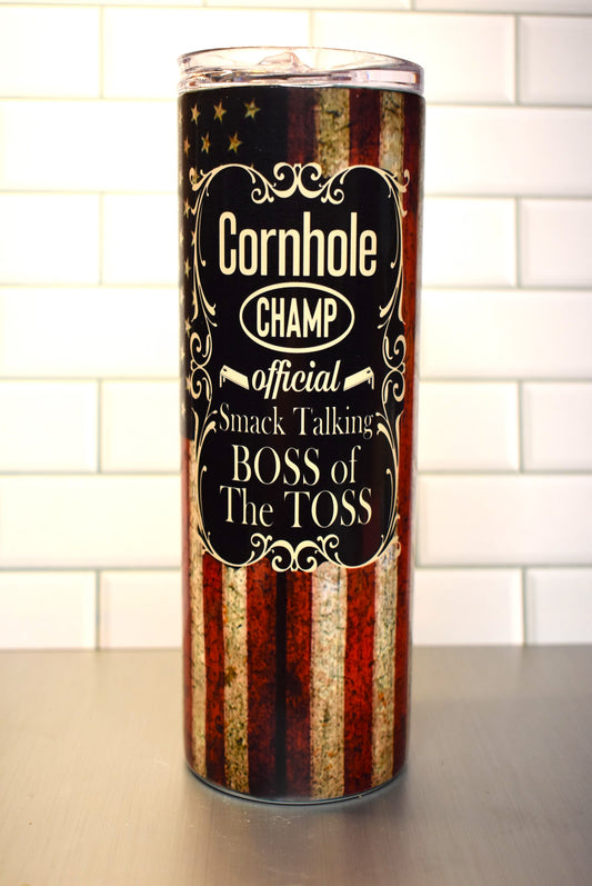 The 20 oz Makerflo Stainless Steel tumbler Cornhole Champ ensures you can bring your a-game with you. Boss of The Toss....can you say Air Mail!