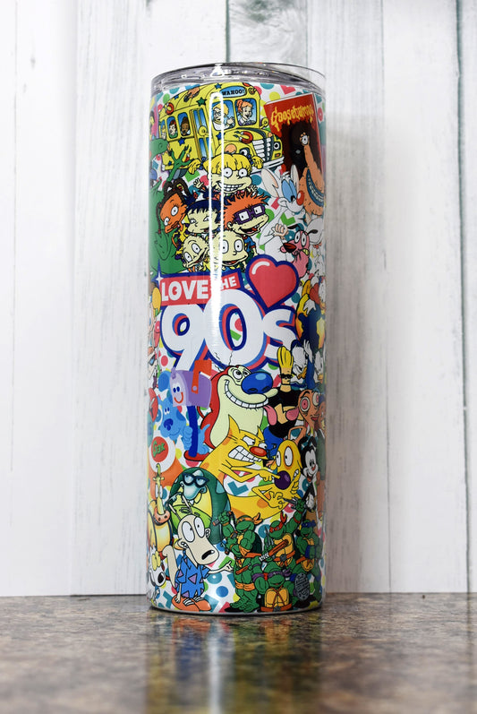 Turn back the clock to the 90s with this 20 oz tumbler. A stroll down memory lane as you pick out the many different iconic things from that decade. Sure to put a smile on your face.