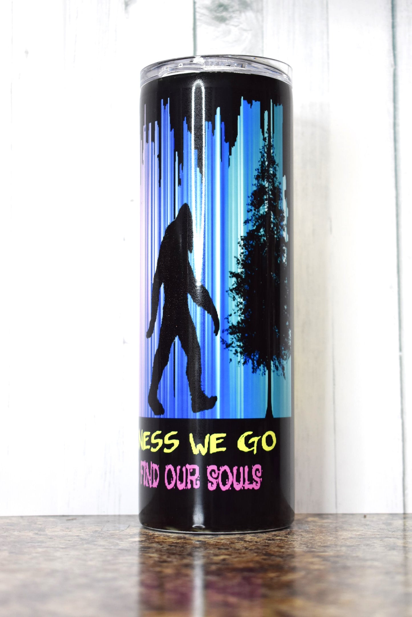 Into The Darkness We Go To Lose Our Minds & Find Our Souls. This colorful 20 oz tumbler depicts an alien, Unicorn and Bigfoot....I want to Believe... 