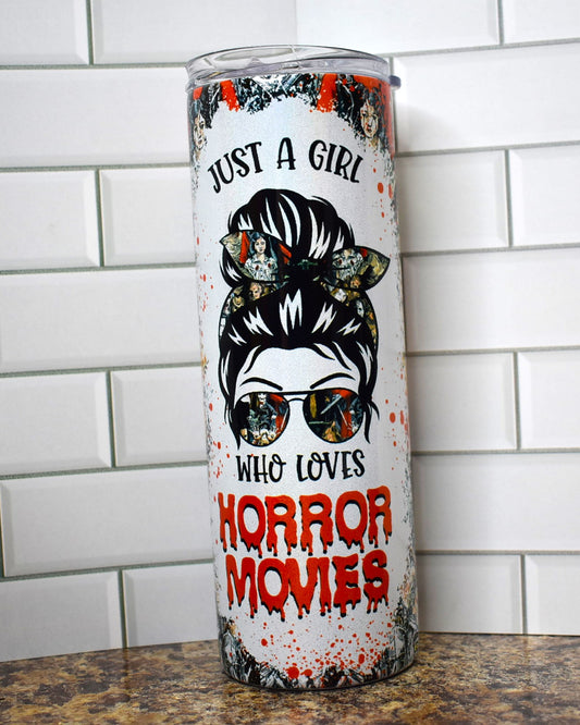 Are you that girl. you know the one....that loves Horror Movies. Then this tumbler is for you. Fill it up with your favorite beverage, get some popcorn and fire watch your favorite horror flick.