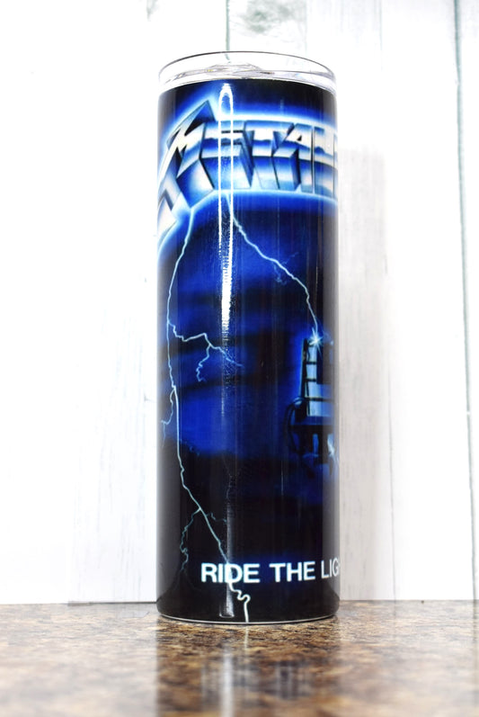 Get a charge out of This 20 oz Makerflo Stainless Steel tumbler that features the Metallica Ride the Lightning Album Cover. 