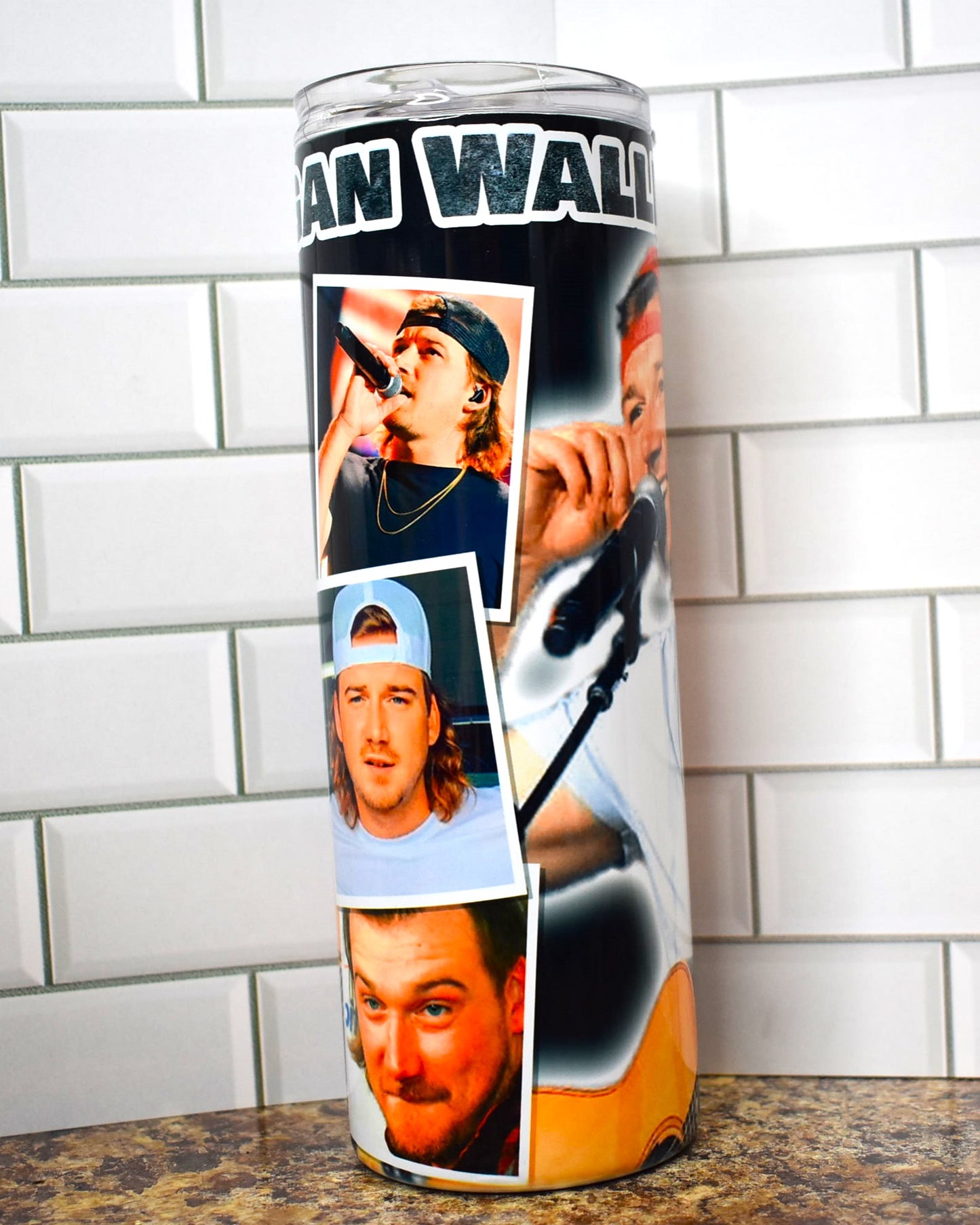 Morgan Wallen makes his appearance here on this Makerflo 20 oz tumbler. Various images from on and off the stage.