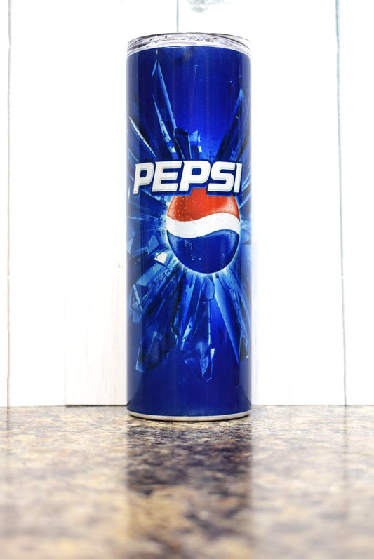 Pepsi is the thirst quencher here. Pepsi blasting through shards of crystals on this 20 oz stainless steel Makerflo tumbler. Enjoy your favorite hot or cold beverage on the go and show off your style as you keep your drinks at the perfect temperature.