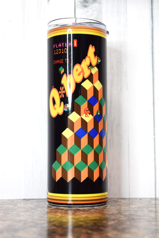 Take a stroll back to 1982 and plug those quarters into that create arcade classic Q-Bert. This is a 20 oz Makerflo Stainless Steel Tumbler.
