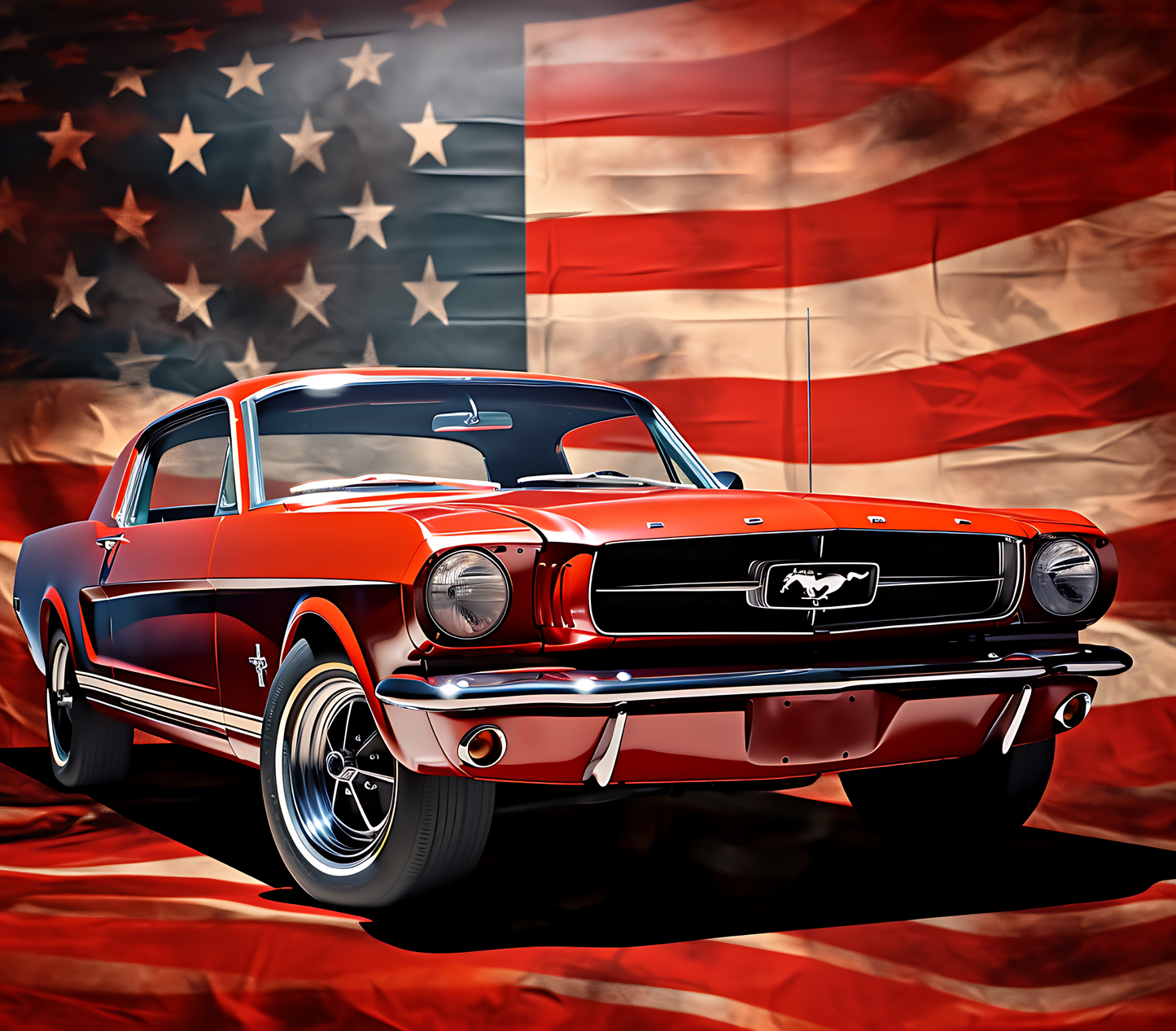 Muscle cars ruled the roads and this tumbler pays homage to the 1966 Ford Mustang in classic red with the American Flag in the background. 