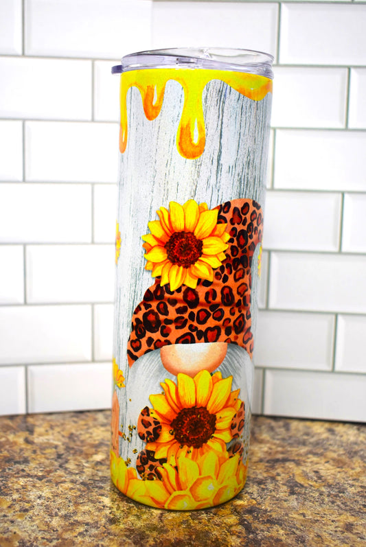 20 oz Makerflo Stainless Steel Tumbler With Gnomes Enjoying Sunflowers While Honey Drips Down From The Top