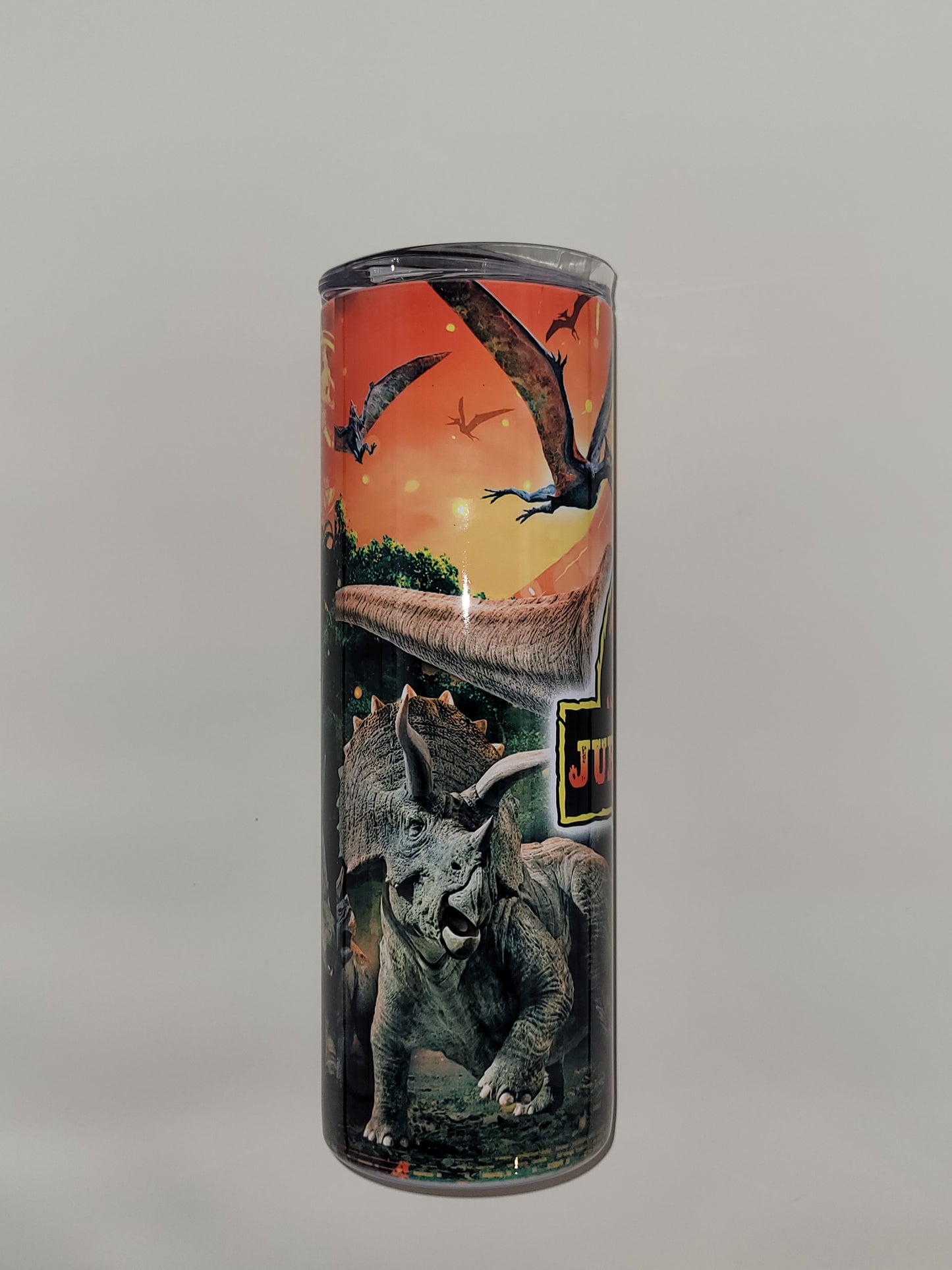 20 oz Stainless Steel tumbler with a T-Rex & dinosaurs fleeing erupting volcano.
