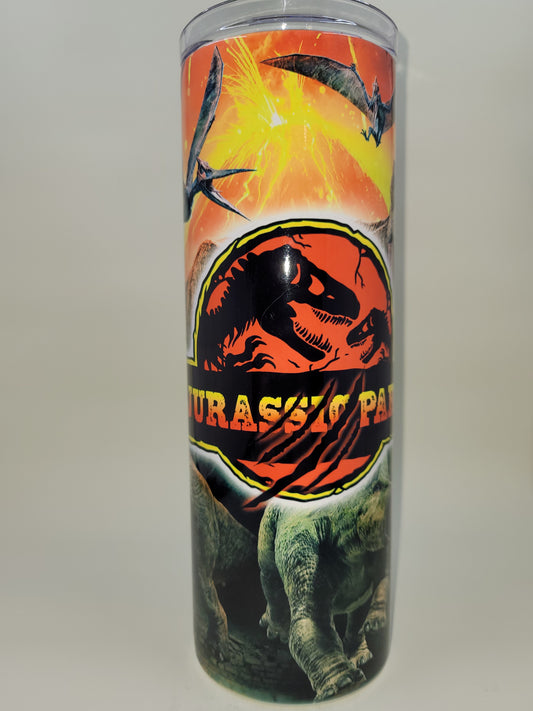 20 oz Stainless Steel tumbler with a T-Rex & dinosaurs fleeing erupting volcano.