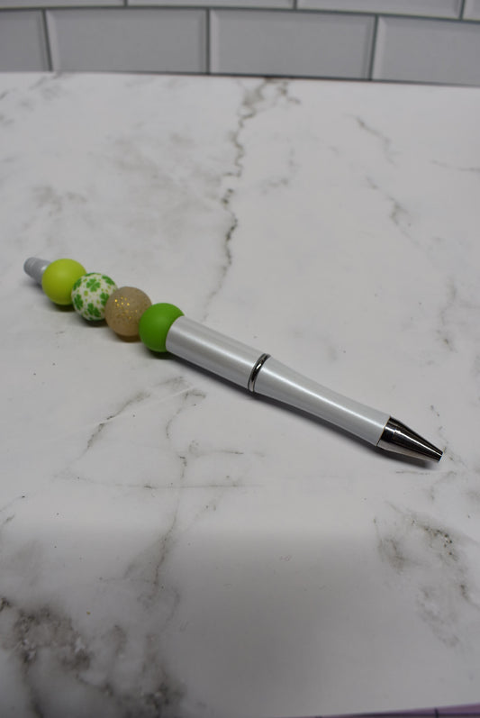Pen Silicone Beaded Shamrock Bead with white body black ink with extra refill