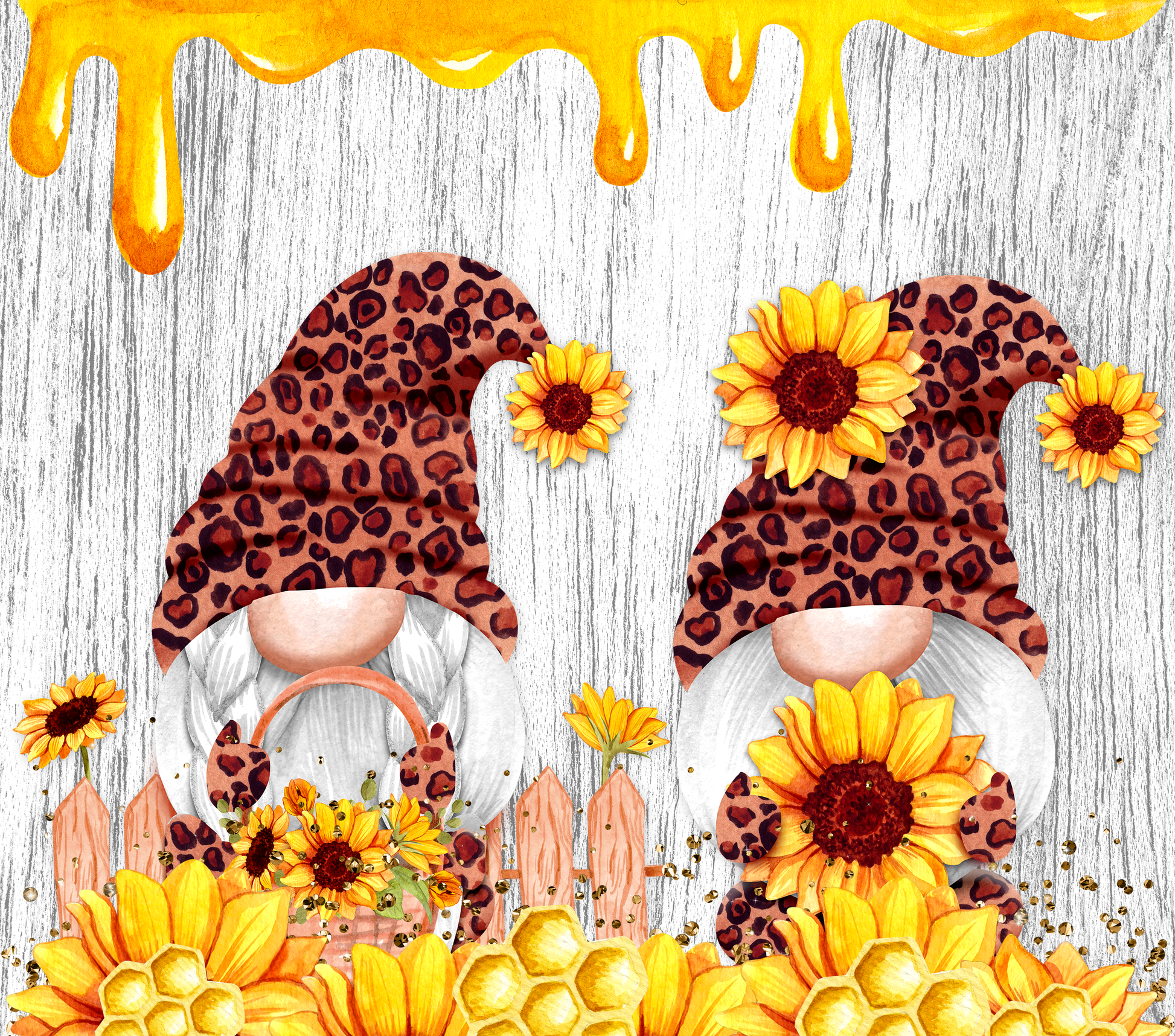 20 oz Stainless Steel Tumbler With Gnomes Enjoying Sunflowers While Honey Drips Down From The Top