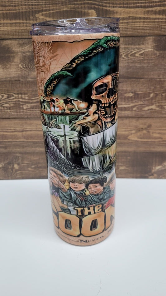 Hey You Guys!!!! Goonies Never Say Die. Classic Film Now Available On A 20 Oz Stainless Tumbler.  Stainless Steel Double-Wall  Vacuum Insulated Clear Sliding Classic Lid  Clear Straw BPA FREE Stays Cold 24+ hours & Warm 8 hours
