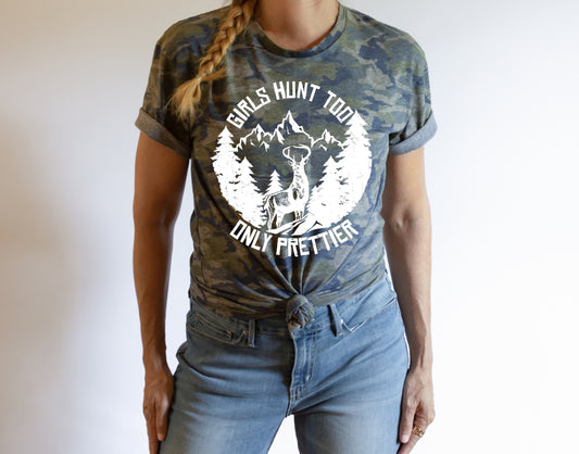 printed t-shirt girls hunt too only prettier