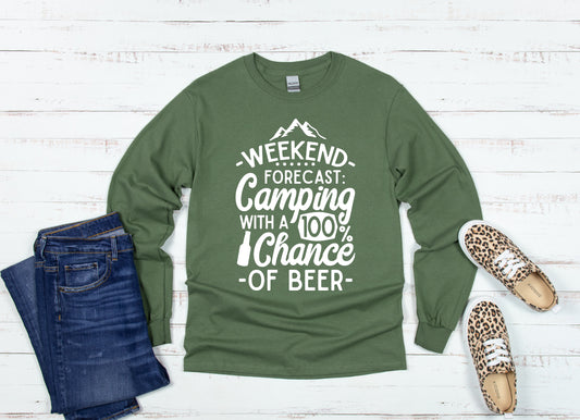 This T-shirt features a Screen Print Transfer in white lettering, touting the Weekend Forecast of Camping with a 100% Chance of Beer. Its 5.3 oz. of 100% preshrunk cotton ensures a comfortable fit.